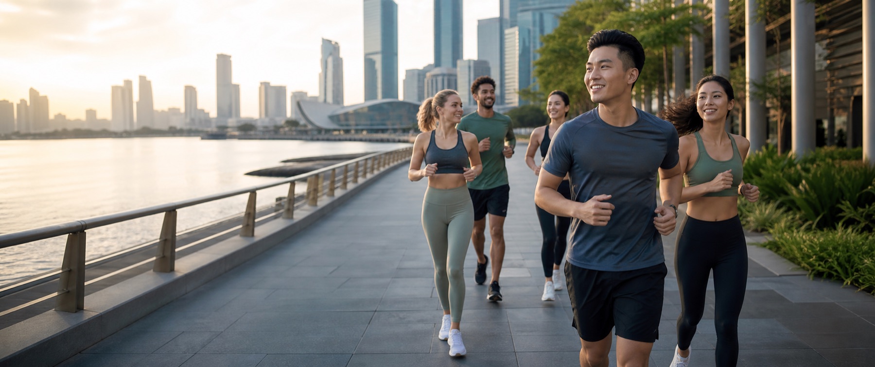 Runners moving through an international waterfront city